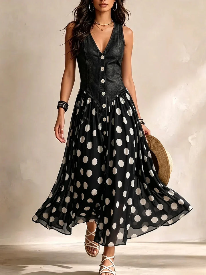 Claire | Robe Longue Denim à Pois