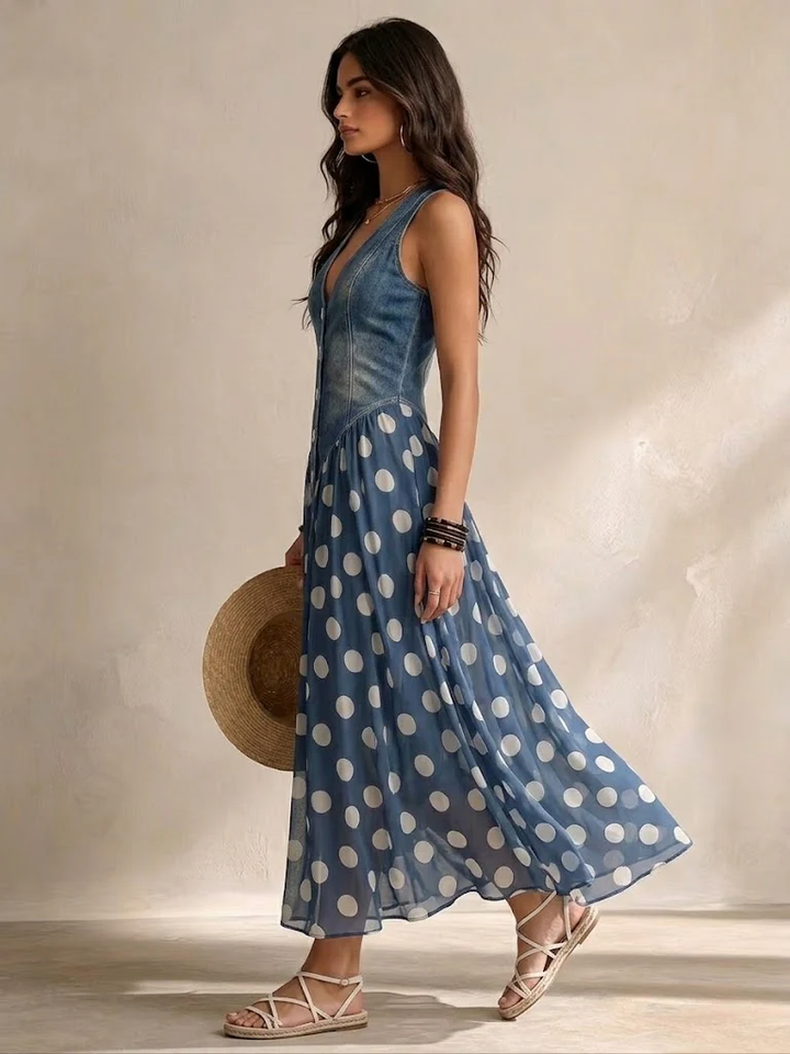 Claire | Robe Longue Denim à Pois