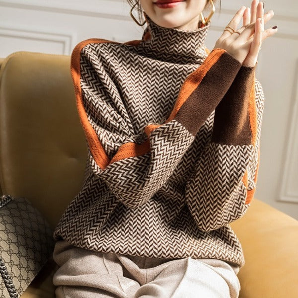 Clémence® | Pull Col Roulé à Rayures Contrastées