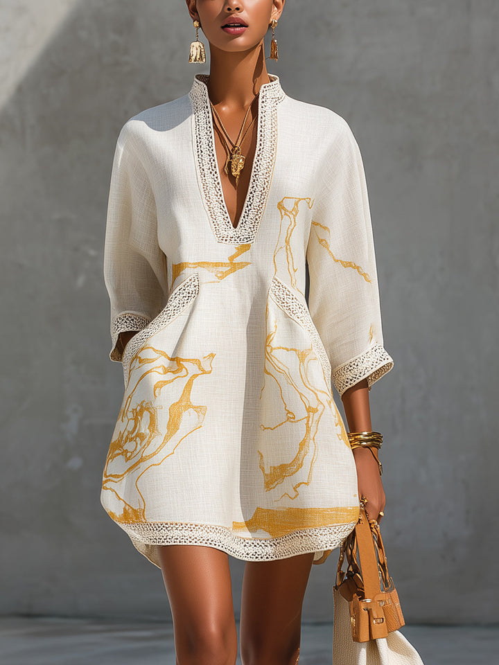 Margaux | Robe Mini en Dentelle Crochetée Ivoire à Motifs Dorés