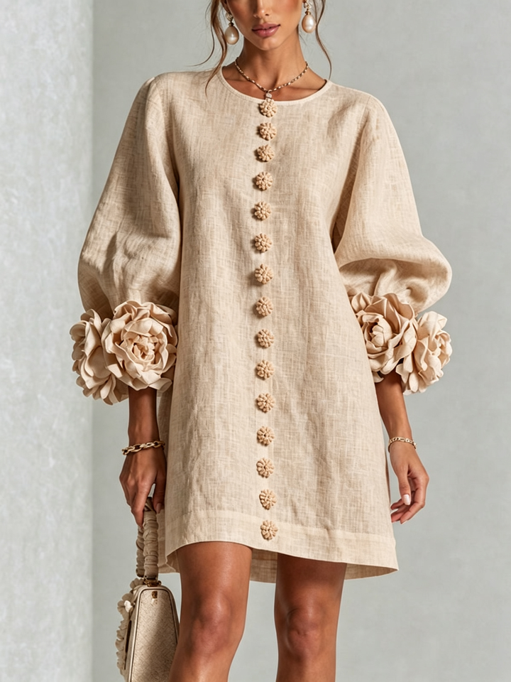 Madeleine | Robe Mini Boutonnée Florale Blanche à Manches Fleuries