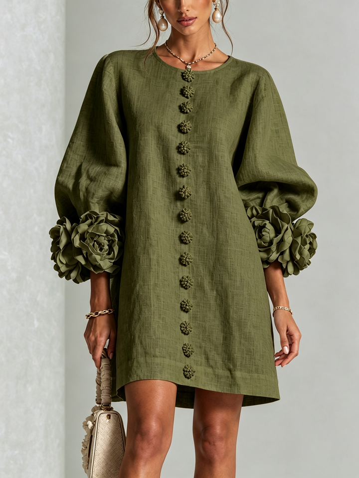 Madeleine | Robe Mini Boutonnée Florale Blanche à Manches Fleuries