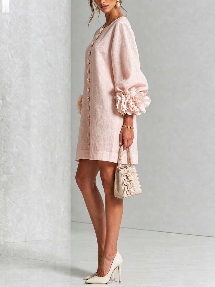 Madeleine | Robe Mini Boutonnée Florale Blanche à Manches Fleuries