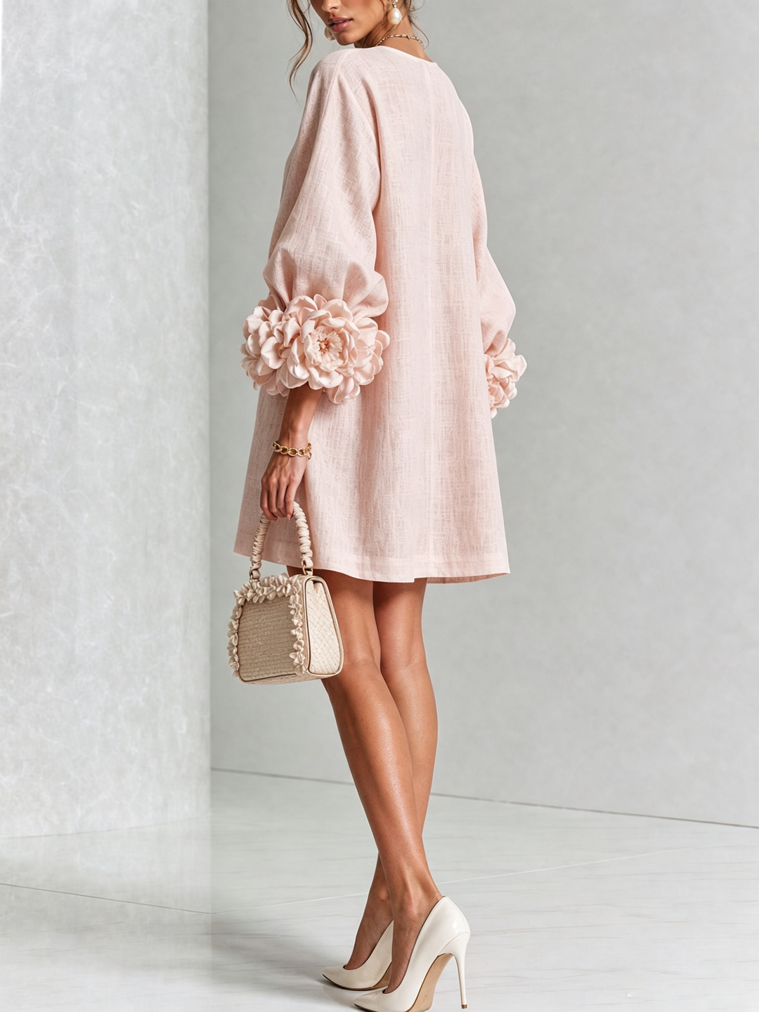 Madeleine | Robe Mini Boutonnée Florale Blanche à Manches Fleuries