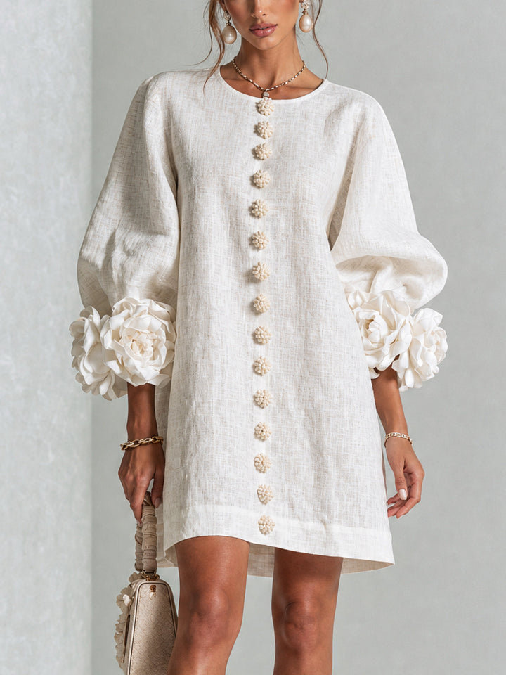 Madeleine | Robe Mini Boutonnée Florale Blanche à Manches Fleuries